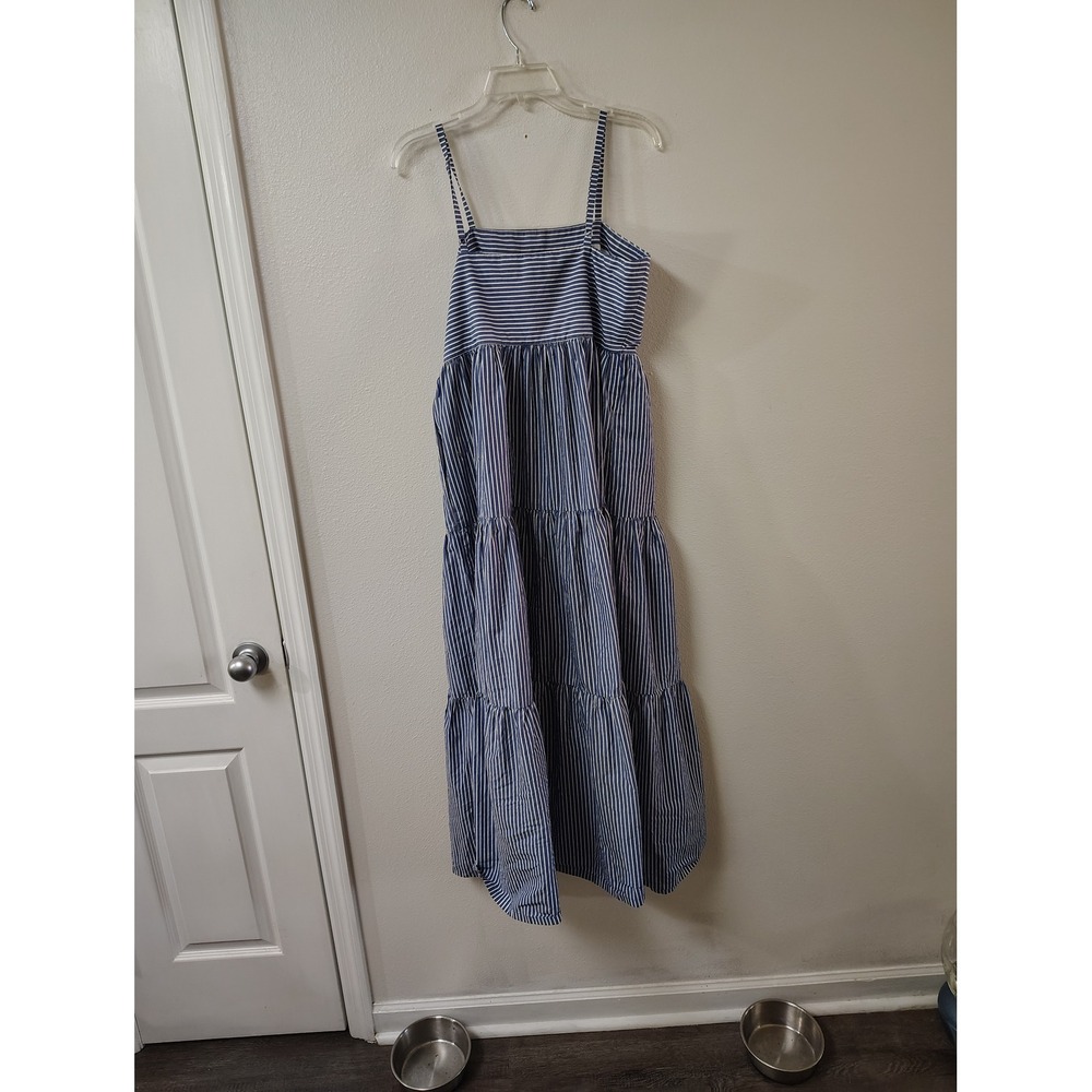 J.Crew Blue White Striped Tiered Maxi Dress Cotton Poplin Size 12 Spaghetti - Picture 3 of 3